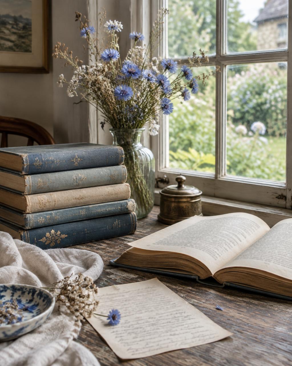 Vintage books, letters and blue flowers beside a cottage window